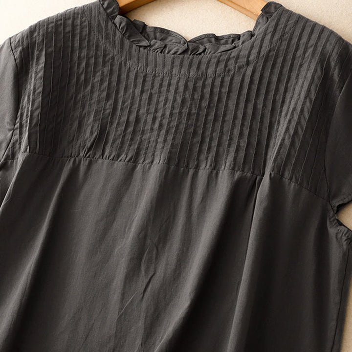 Camisa de manga corta de algodón para mujer con diseño plisado y volantes de color puro de Buddha Stones para verano - image 8