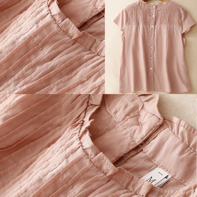Camisa de manga corta de algodón para mujer con diseño plisado y volantes de color puro de Buddha Stones para verano - image 5