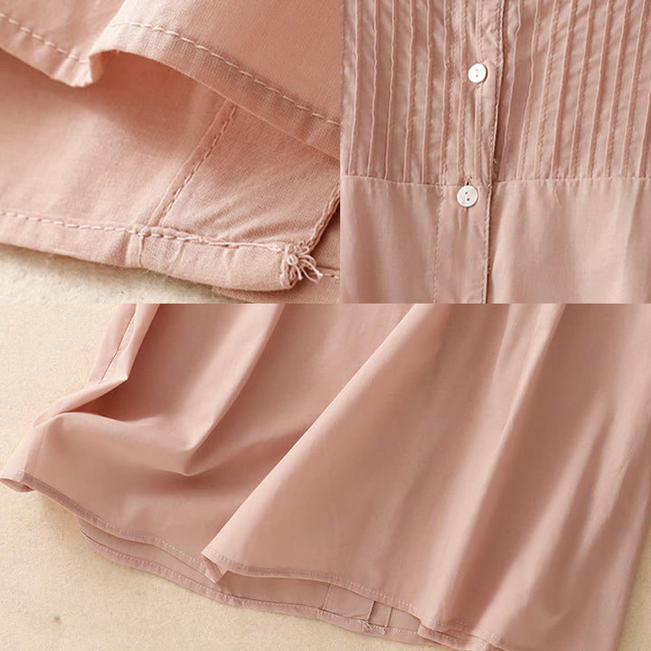 Camisa de manga corta de algodón para mujer con diseño plisado y volantes de color puro de Buddha Stones para verano - image 6
