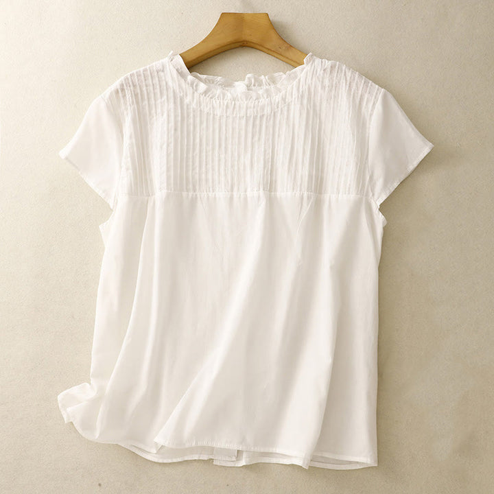 Camisa de manga corta de algodón para mujer con diseño plisado y volantes de color puro de Buddha Stones para verano - Blanco - US12, UK/AU16, EU44 (2XL) - image 12