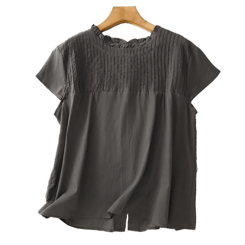 Camisa de manga corta de algodón para mujer con diseño plisado y volantes de color puro de Buddha Stones para verano - image 10