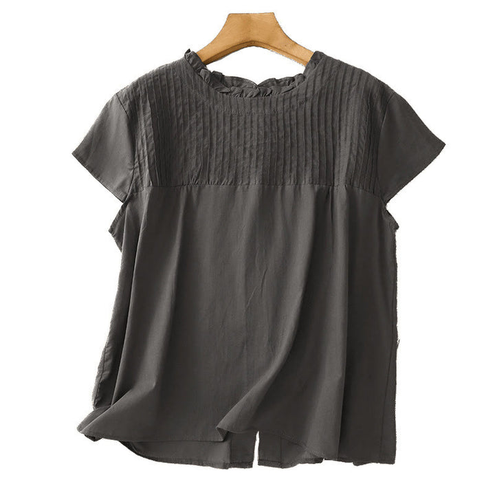 Camisa de manga corta de algodón para mujer con diseño plisado y volantes de color puro de Buddha Stones para verano - image 10
