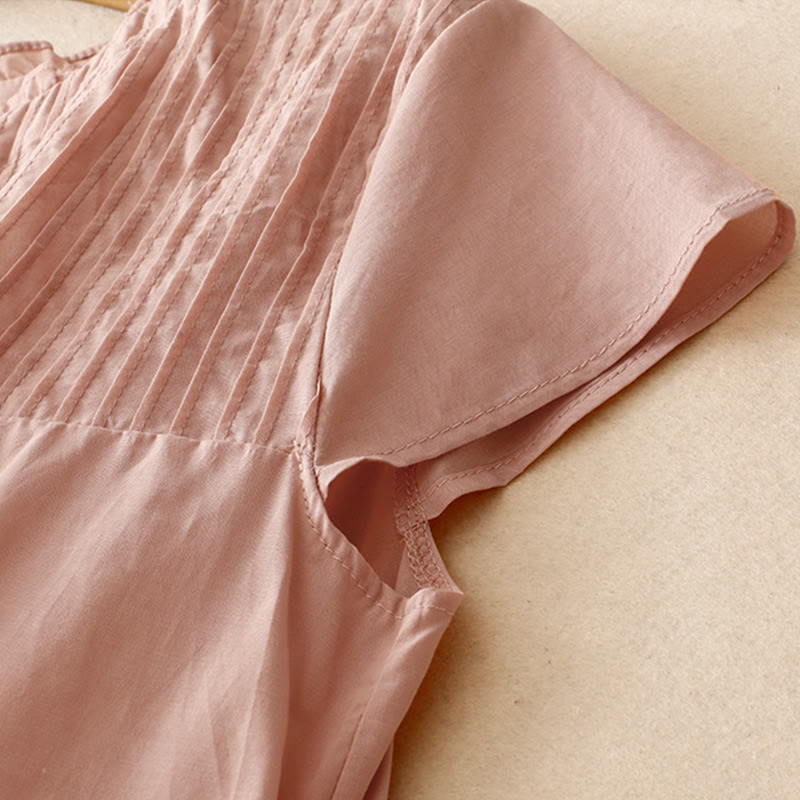 Camisa de manga corta de algodón para mujer con diseño plisado y volantes de color puro de Buddha Stones para verano - image 3