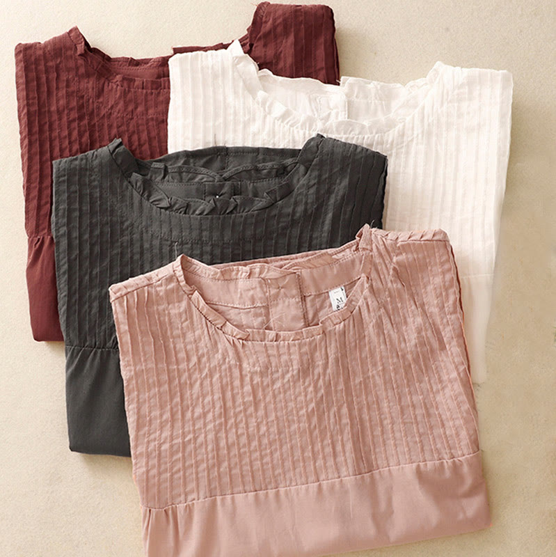 Camisa de manga corta de algodón para mujer con diseño plisado y volantes de color puro de Buddha Stones para verano - image 20