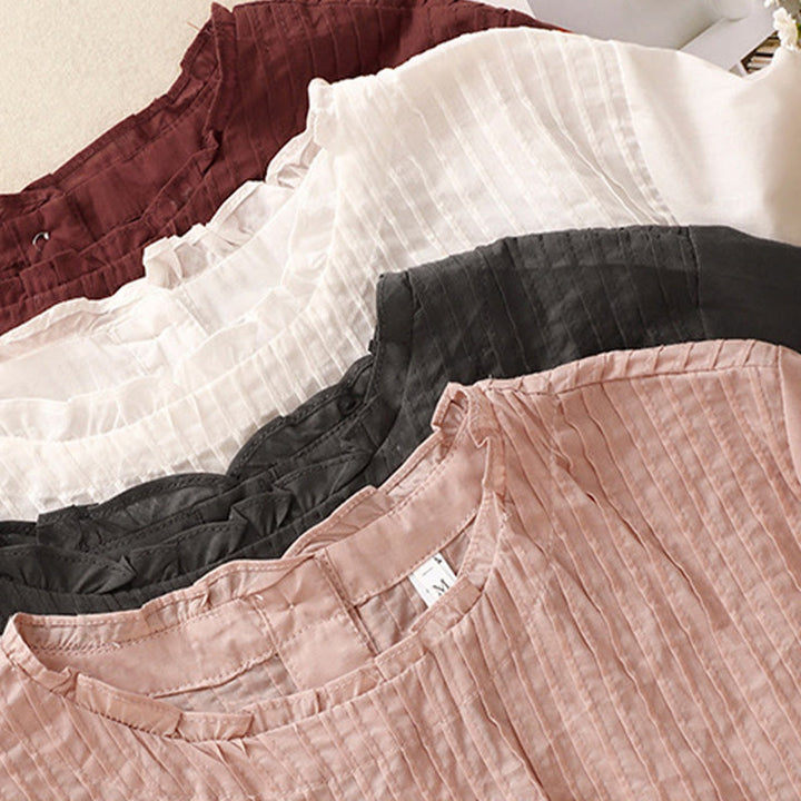 Camisa de manga corta de algodón para mujer con diseño plisado y volantes de color puro de Buddha Stones para verano - image 20