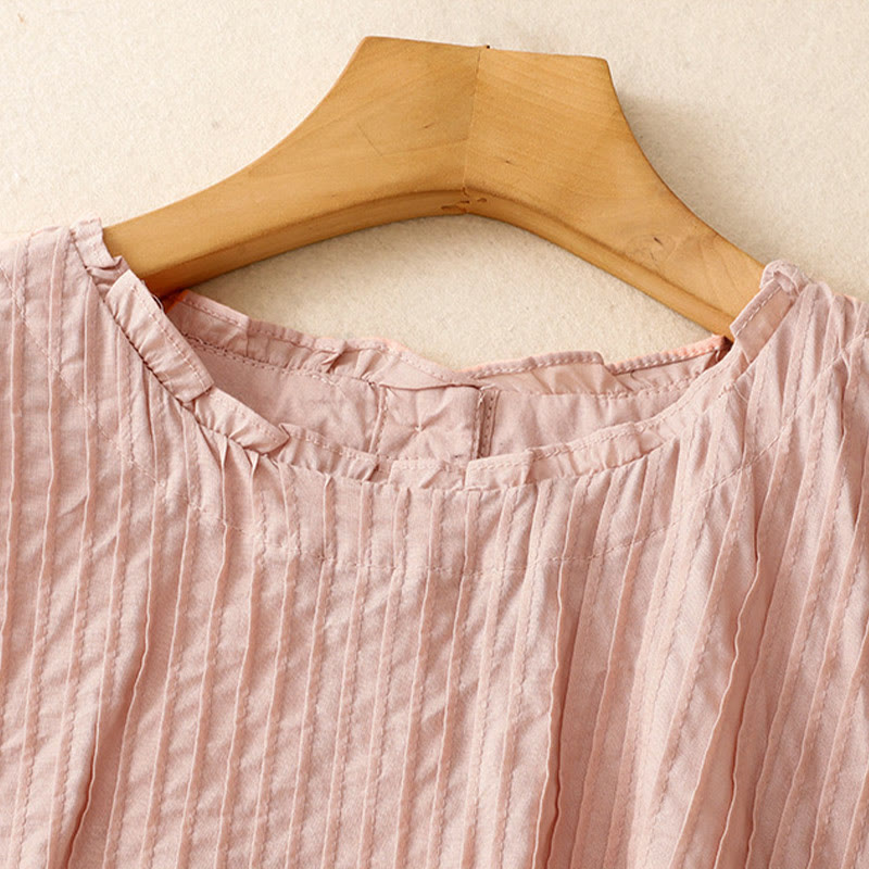 Camisa de manga corta de algodón para mujer con diseño plisado y volantes de color puro de Buddha Stones para verano - image 3