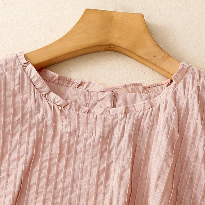 Camisa de manga corta de algodón para mujer con diseño plisado y volantes de color puro de Buddha Stones para verano - image 3