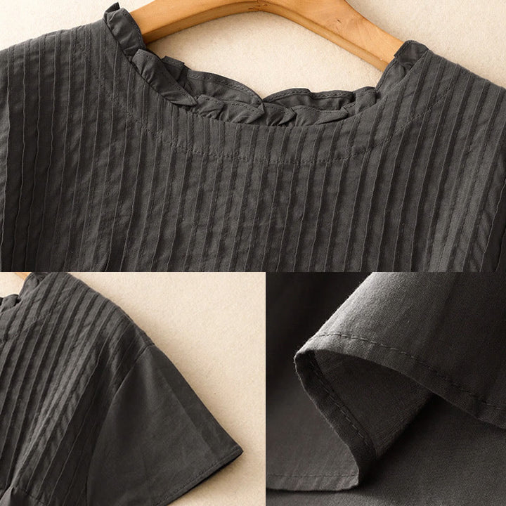 Camisa de manga corta de algodón para mujer con diseño plisado y volantes de color puro de Buddha Stones para verano - image 11