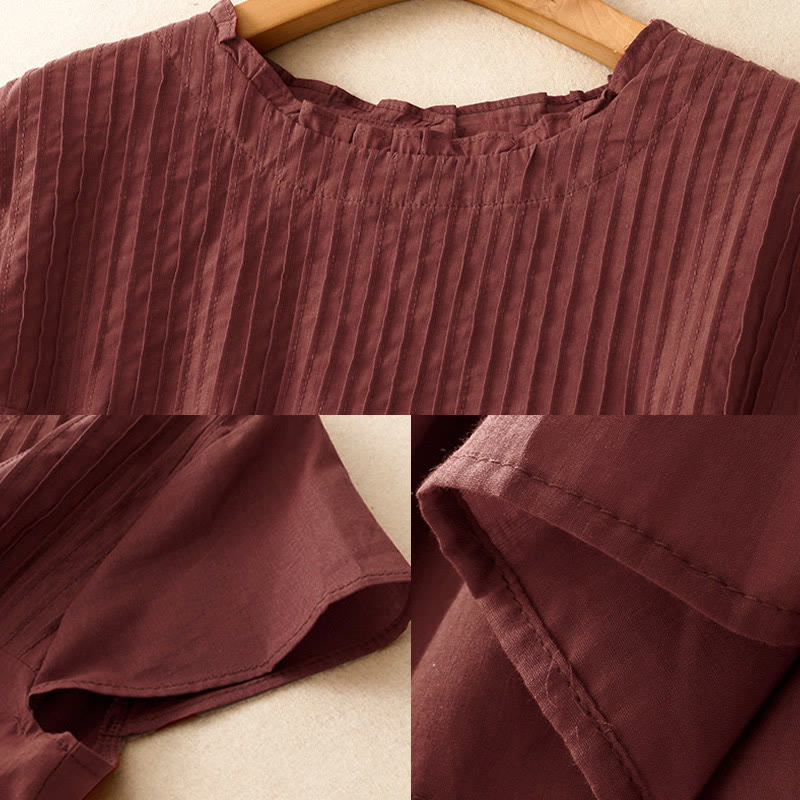 Camisa de manga corta de algodón para mujer con diseño plisado y volantes de color puro de Buddha Stones para verano - image 18