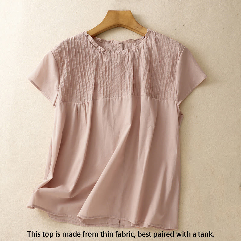Camisa de manga corta de algodón para mujer con diseño plisado y volantes de color puro de Buddha Stones para verano - image 2