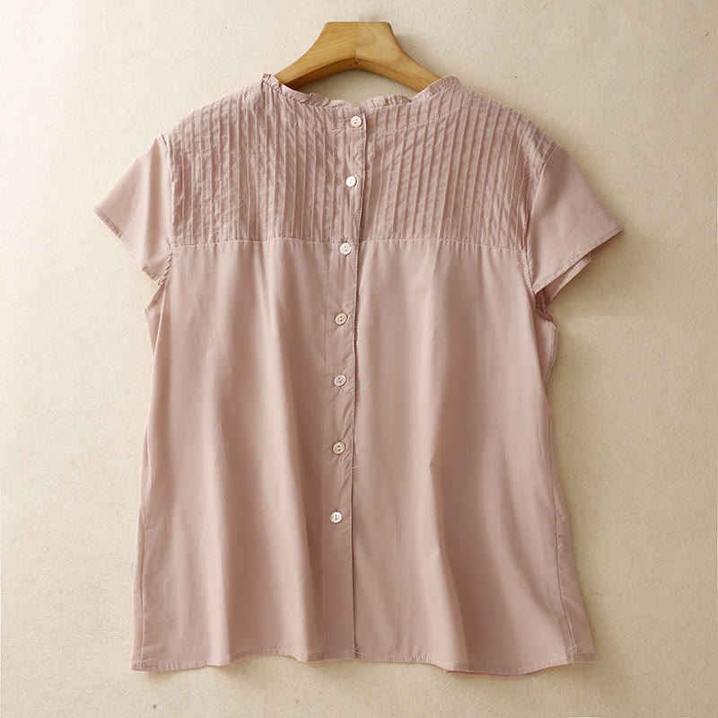 Camisa de manga corta de algodón para mujer con diseño plisado y volantes de color puro de Buddha Stones para verano - Salmón oscuro - US12, UK/AU16, EU44 (2XL) - image 0