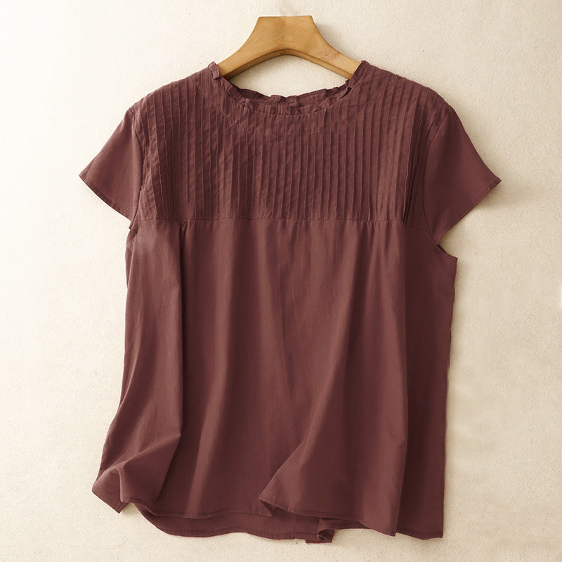 Camisa de manga corta de algodón para mujer con diseño plisado y volantes de color puro de Buddha Stones para verano - Rojo oscuro - US12, UK/AU16, EU44 (2XL) - image 16