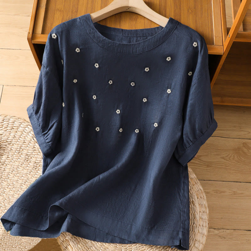 Camiseta de mujer de media manga con bordado floral y Buddha Stones - Azul medianoche - US14，UK/AU18，EU46 (2XL) - image 0