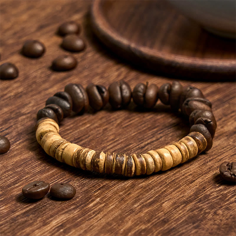 Pulsera de la felicidad hecha a mano con granos de café natural y cáscara de coco de Buddha Stones - Granos de café con cáscara de coco (circunferencia de muñeca: 14-17 cm) - image 1