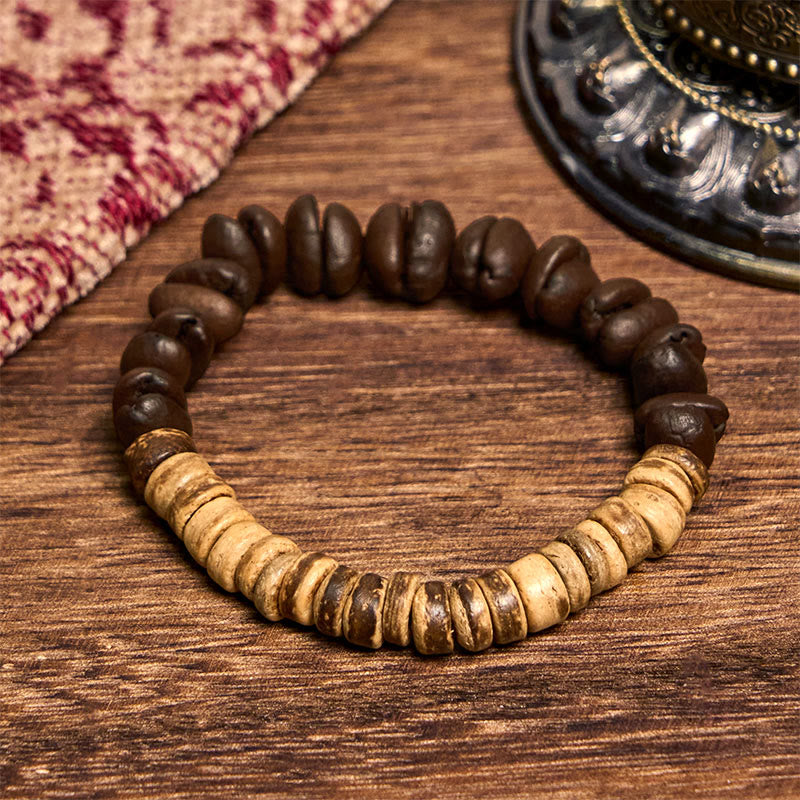 Pulsera de la felicidad hecha a mano con granos de café natural y cáscara de coco de Buddha Stones - image 2