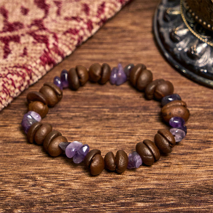 Pulsera de cristal irregular de amatista, citrino y amazonita hecha a mano con granos de café naturales de Buddha Stones - Granos de café amatista (circunferencia de muñeca: 14-17 cm) - image 1
