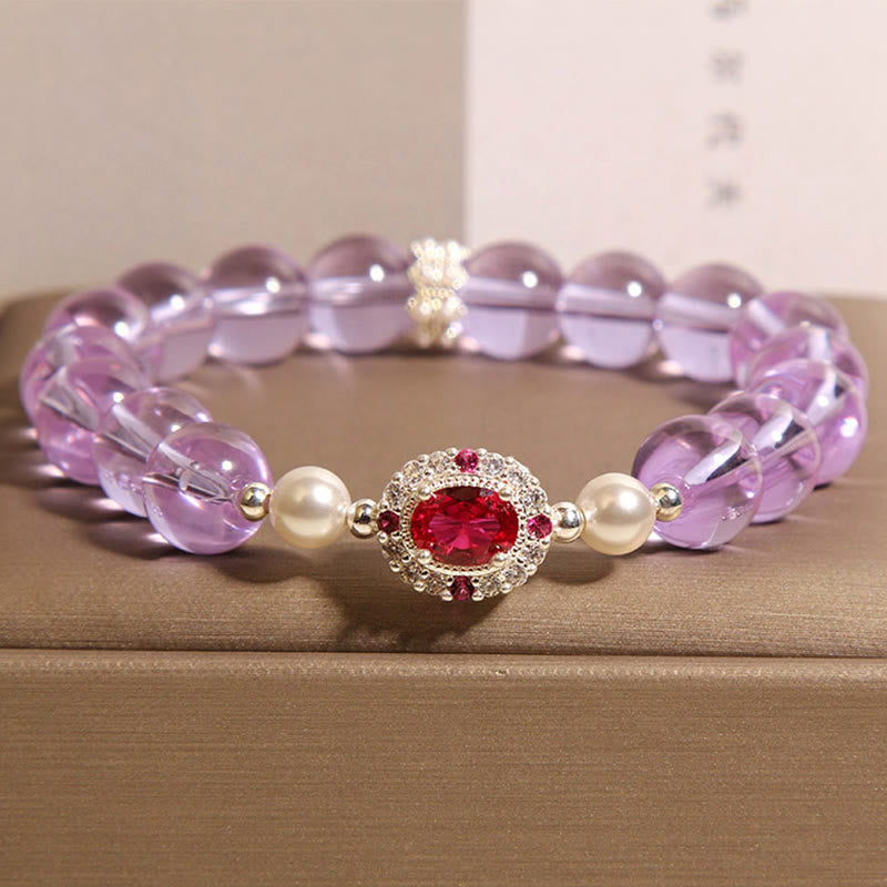 Pulsera de equilibrio de Buddha Stones con amatista natural, perla y circón rojo - Amatista (circunferencia de la muñeca: 15-19 cm) - image 1
