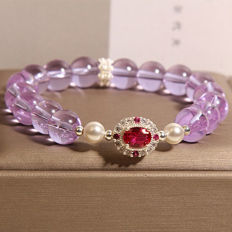 Pulsera de equilibrio de Buddha Stones con amatista natural, perla y circón rojo - image 3