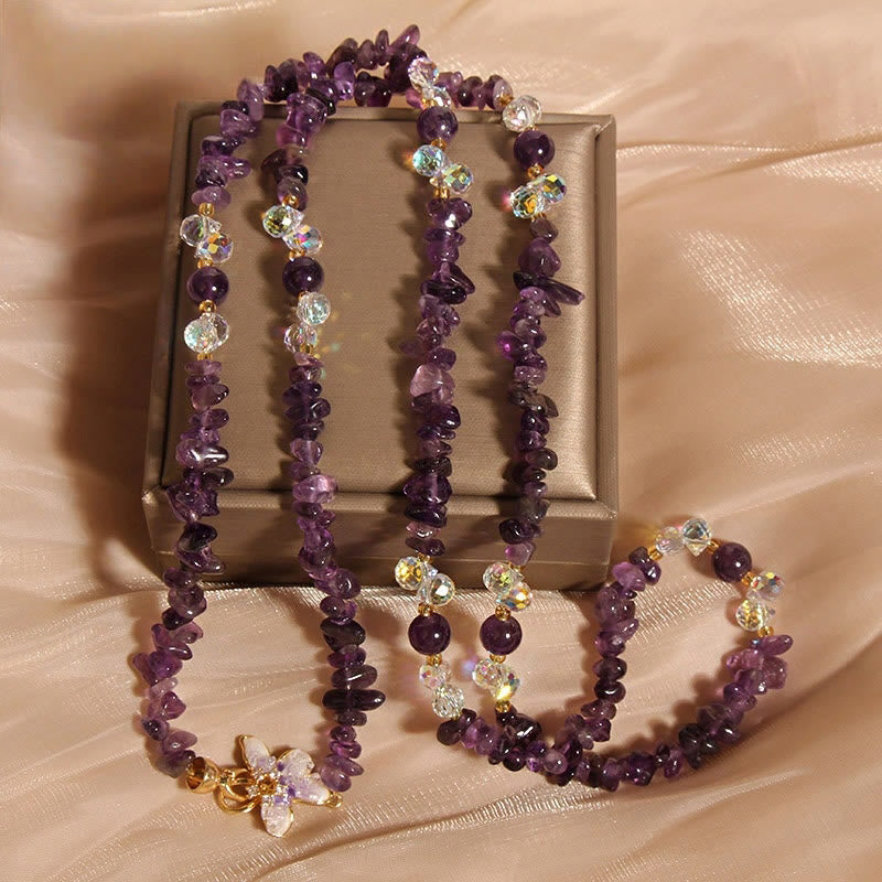 Collar con colgante de equilibrio de cuarzo fresa, amatista, flor de mariposa y Buddha Stones - Amatista - image 1