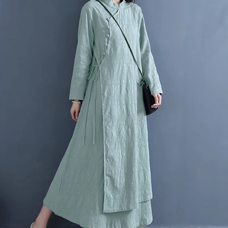 Vestido midi casual de primavera con Buddha Stones, diseño liso con botones de rana y cordones laterales. - image 9