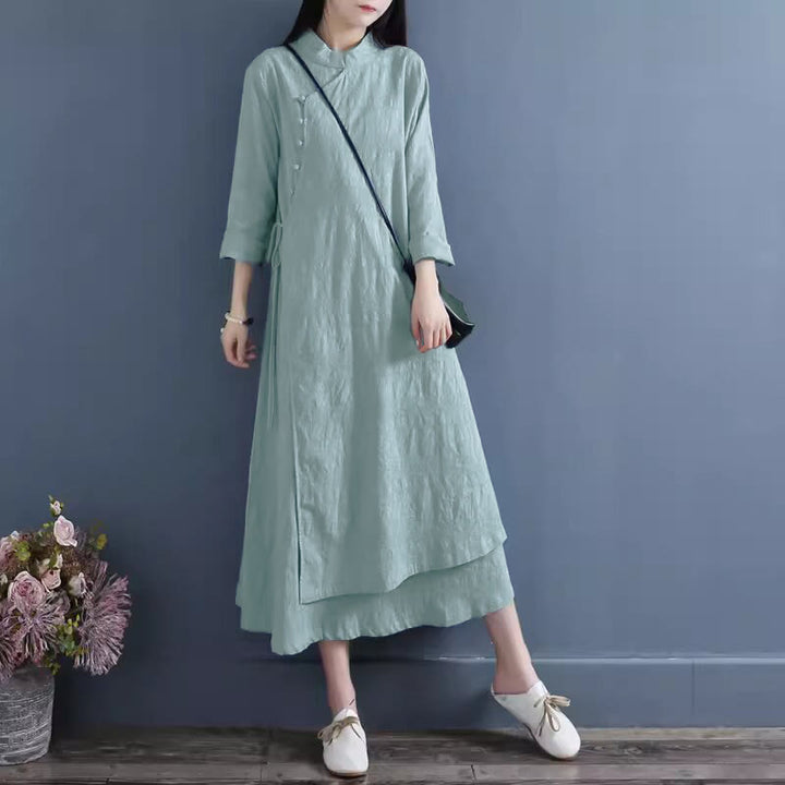 Vestido midi informal de lino y algodón con cordones laterales, diseño de botones de rana y estampado de Buddha Stones para primavera - Azul aciano - US8-10，UK/AU12-14，EU40-42 (2XL) - image 7