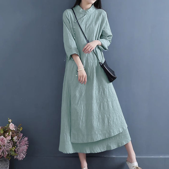 Vestido midi informal de lino y algodón con cordones laterales, diseño de botones de rana y estampado de Buddha Stones para primavera - image 8