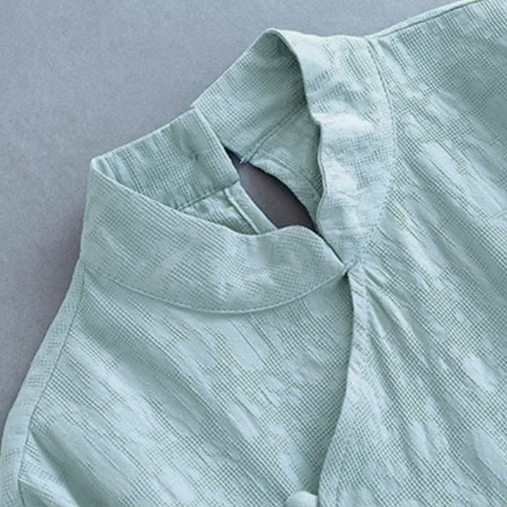 Vestido midi informal de lino y algodón con cordones laterales, diseño de botones de rana y estampado de Buddha Stones para primavera - image 10