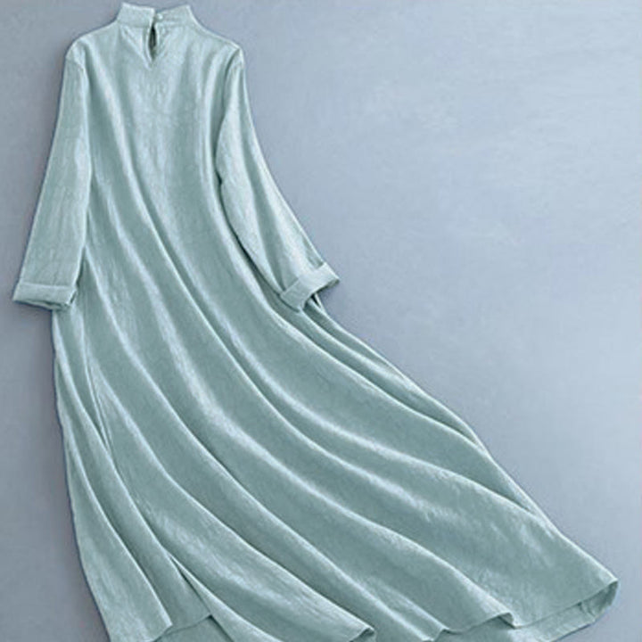 Vestido midi informal de lino y algodón con cordones laterales, diseño de botones de rana y estampado de Buddha Stones para primavera - image 14