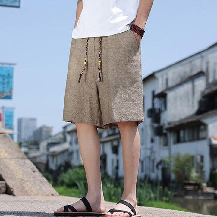 Pantalones cortos de lino para hombre con bolsillos y tejido de Buddha Stones, cuerda y cuentas. - Broncearse - US18, UK/AU22, EU50 (5XL) - image 1