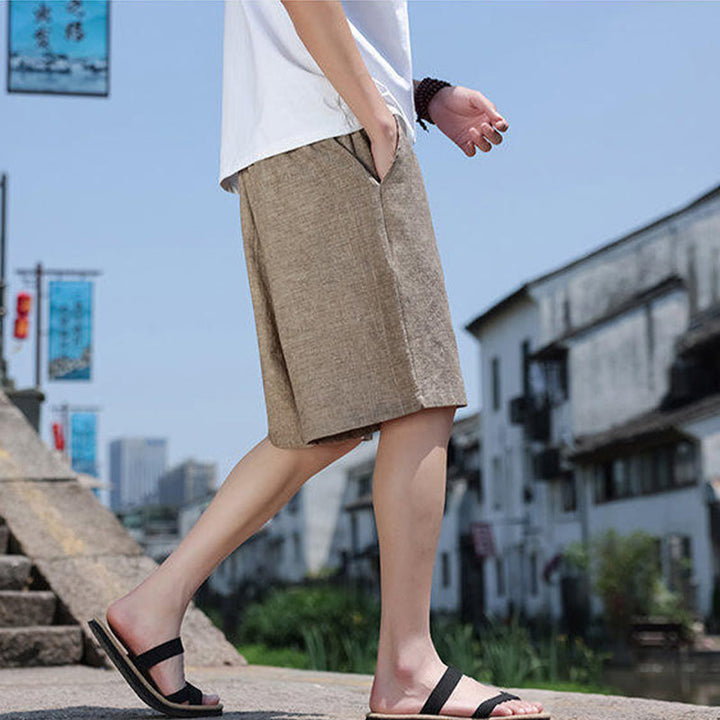Pantalones cortos de lino para hombre con bolsillos y tejido de Buddha Stones, cuerda y cuentas. - image 5