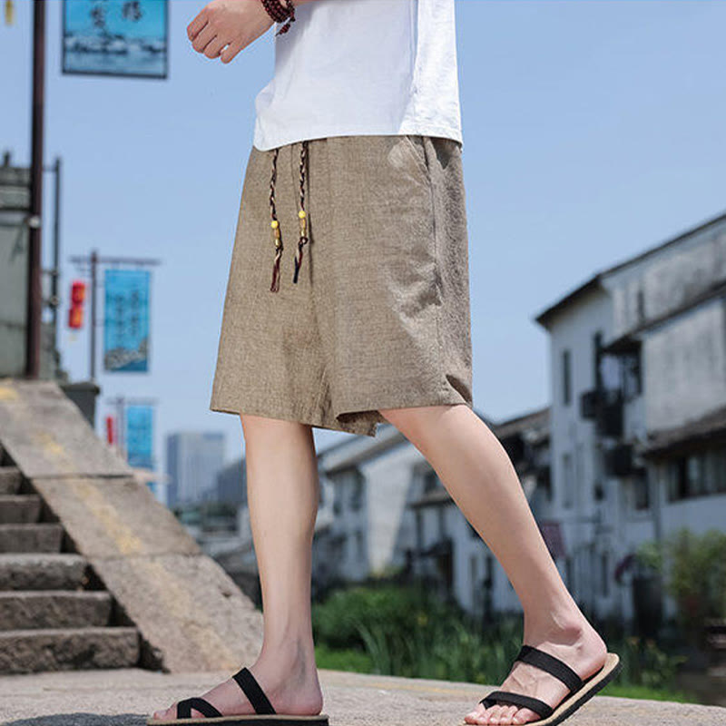 Pantalones cortos de lino para hombre con bolsillos y tejido de Buddha Stones, cuerda y cuentas. - image 6