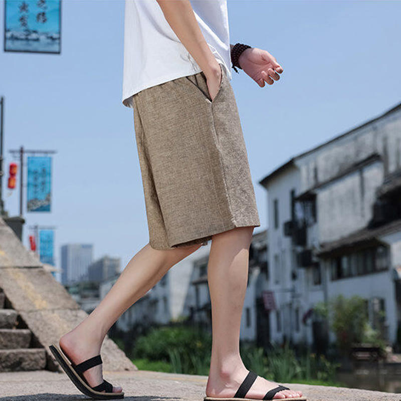 Pantalones cortos de lino para hombre con bolsillos y tejido de Buddha Stones, cuerda y cuentas. - image 4