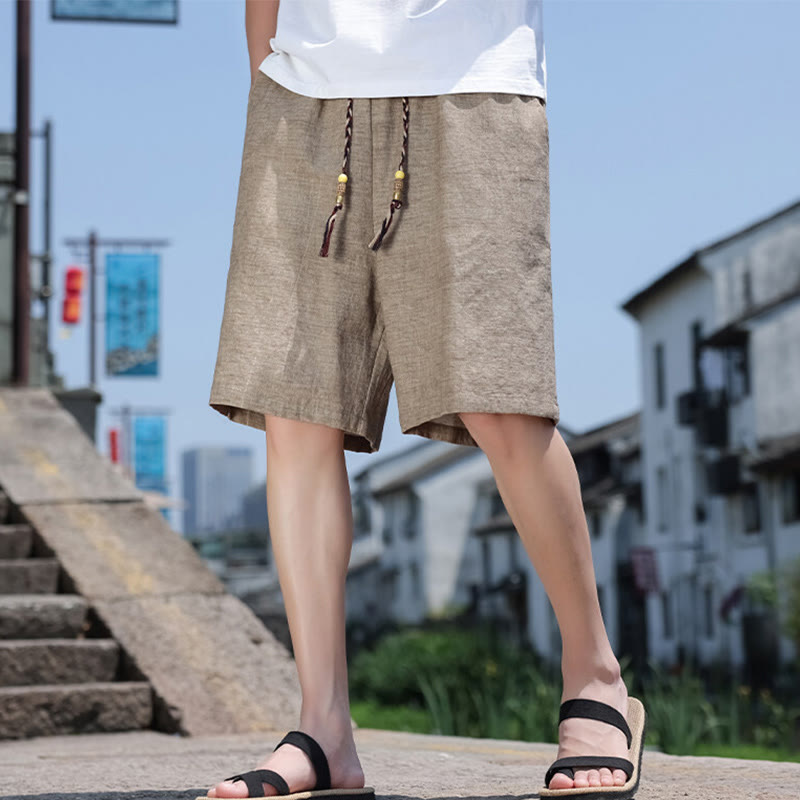 Pantalones cortos de lino para hombre con bolsillos y tejido de Buddha Stones, cuerda y cuentas. - image 4