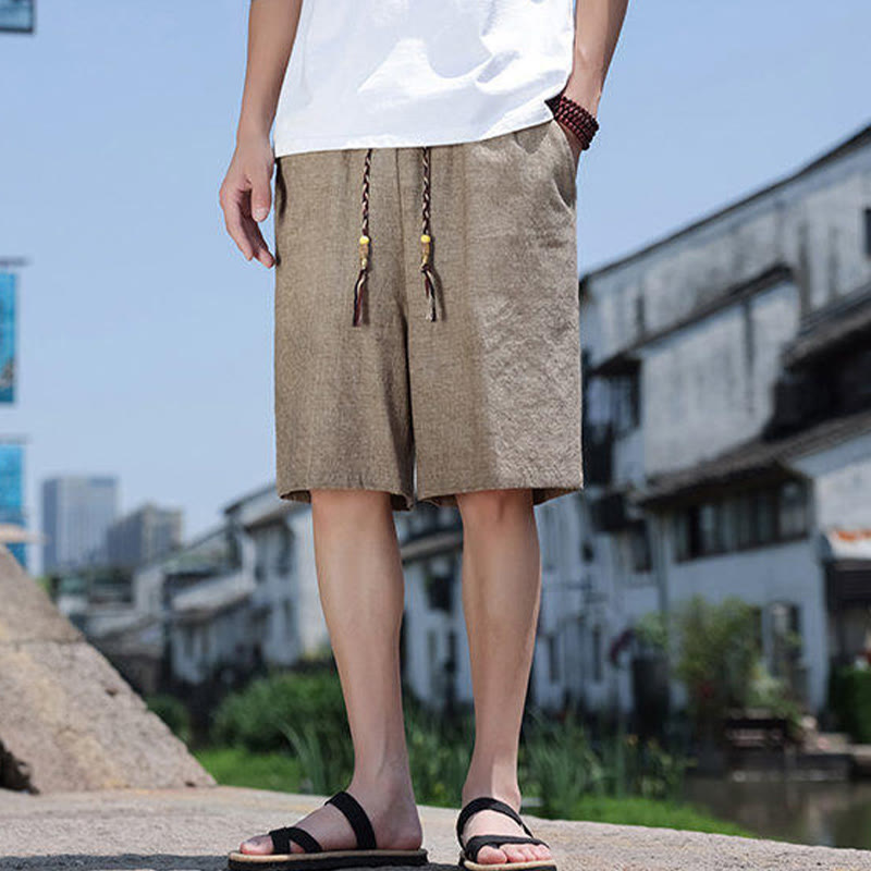 Pantalones cortos de lino para hombre con bolsillos y tejido de Buddha Stones, cuerda y cuentas. - image 2