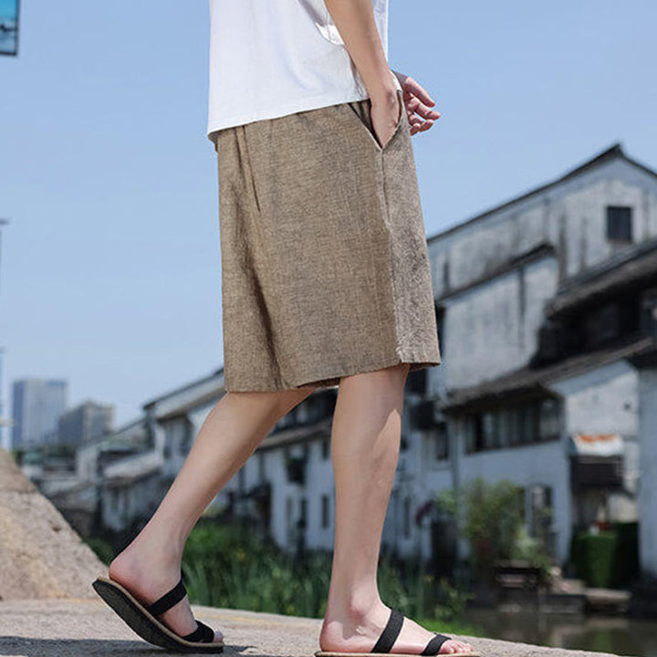 Pantalones cortos de lino para hombre con bolsillos y tejido de Buddha Stones, cuerda y cuentas. - image 2