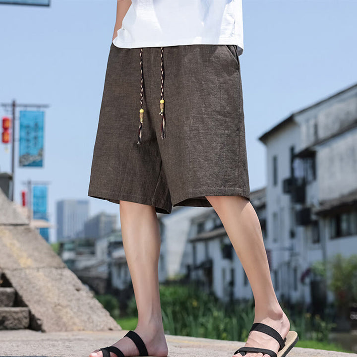 Pantalones cortos de lino para hombre con bolsillos y tejido de Buddha Stones, cuerda y cuentas. - image 9