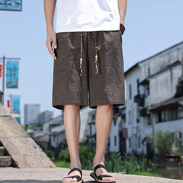 Pantalones cortos de lino para hombre con bolsillos y tejido de Buddha Stones, cuerda y cuentas. - SaddleBrown - US18, UK/AU22, EU50 (5XL) - image 8