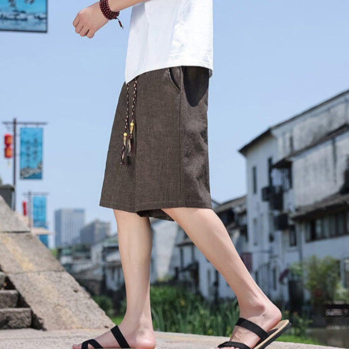Pantalones cortos de lino para hombre con bolsillos y tejido de Buddha Stones, cuerda y cuentas. - image 14