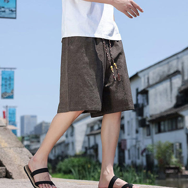 Pantalones cortos de lino para hombre con bolsillos y tejido de Buddha Stones, cuerda y cuentas. - image 13