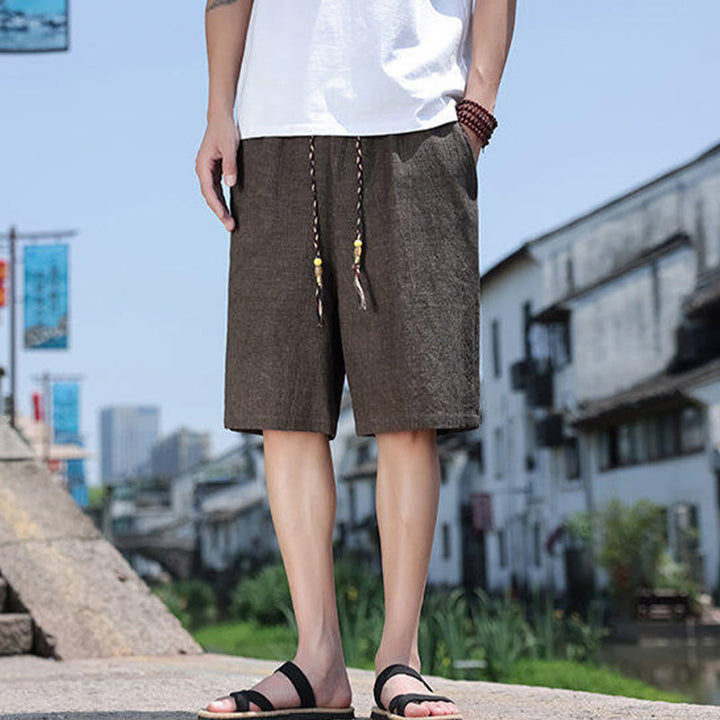 Pantalones cortos de lino para hombre con bolsillos y tejido de Buddha Stones, cuerda y cuentas. - image 9
