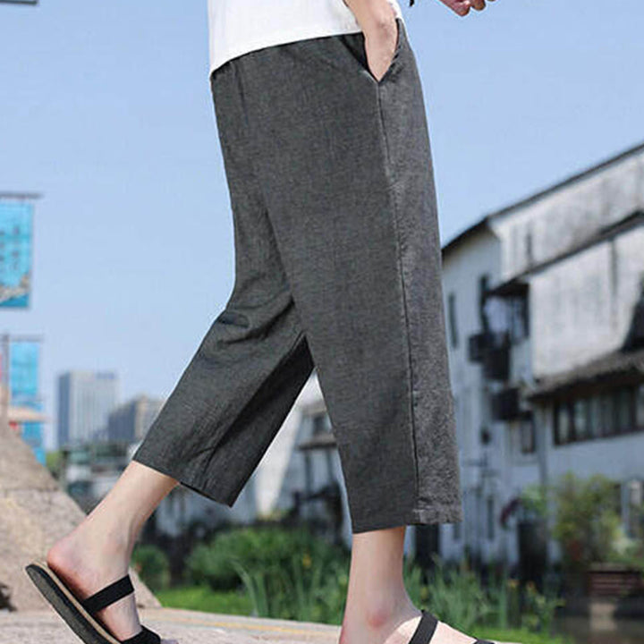 Pantalones casuales de licra con cuentas tejidas de Buddha Stones para hombre, de longitud 7-8, con bolsillos - image 3