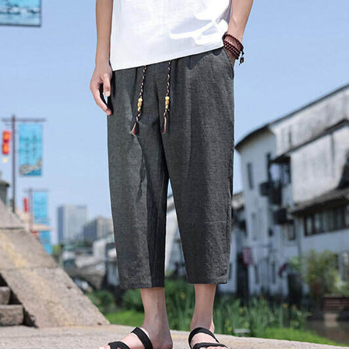 Pantalones casuales de licra con cuentas tejidas de Buddha Stones para hombre, de longitud 7-8, con bolsillos - image 3