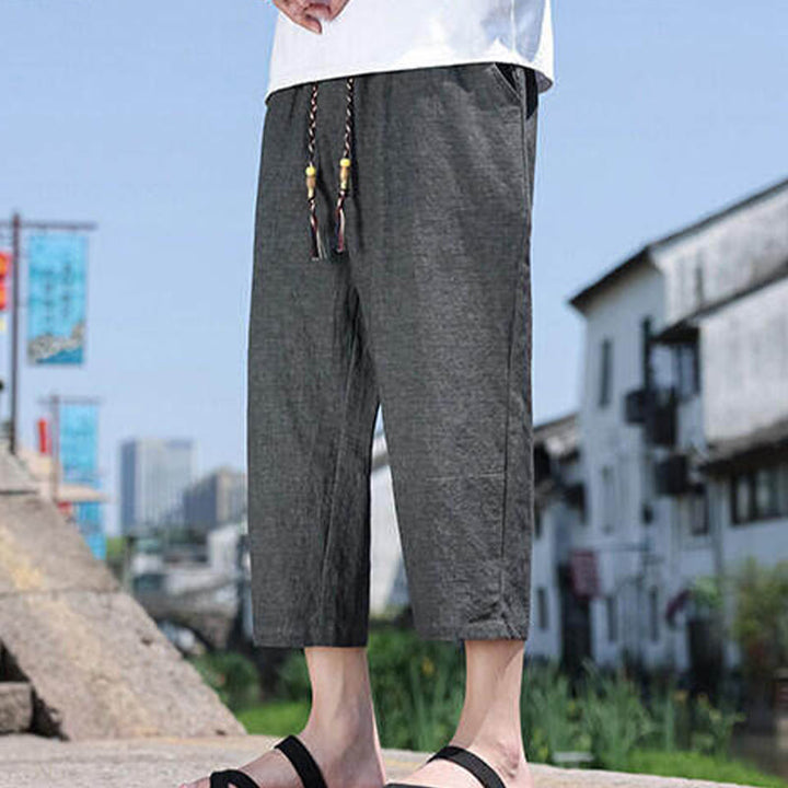 Pantalones casuales de licra con cuentas tejidas de Buddha Stones para hombre, de longitud 7-8, con bolsillos - image 4