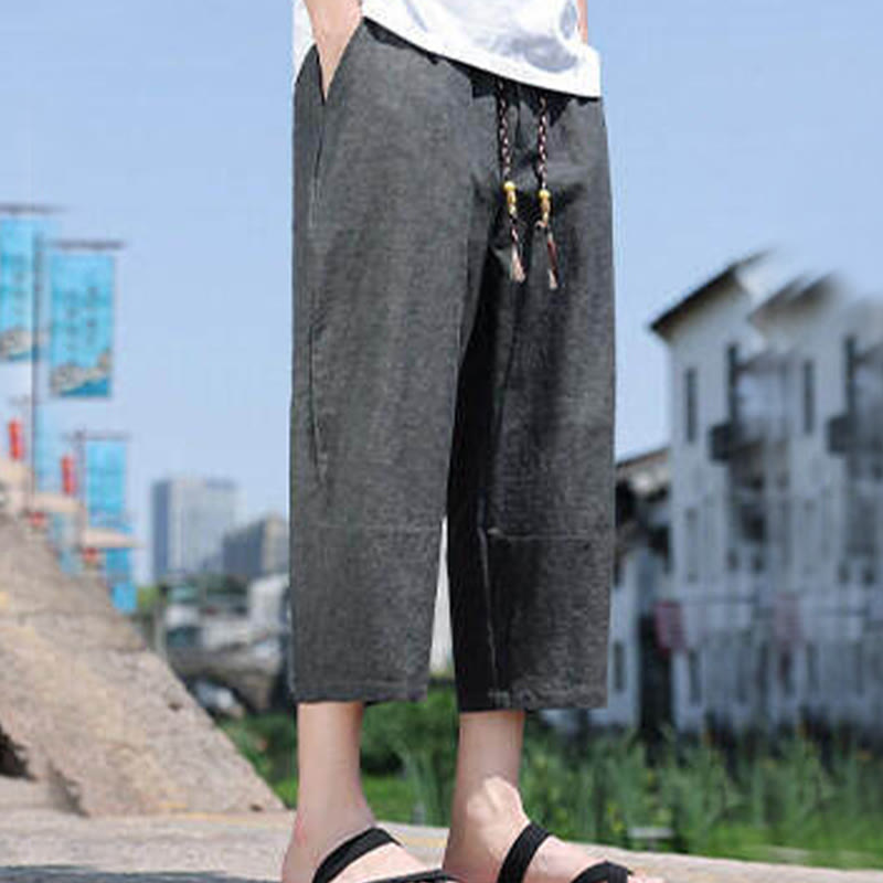 Pantalones casuales de licra con cuentas tejidas de Buddha Stones para hombre, de longitud 7-8, con bolsillos - image 1