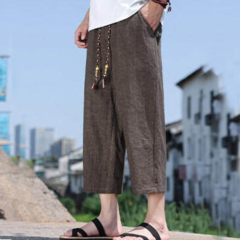 Pantalones casuales de licra con cuentas tejidas de Buddha Stones para hombre, de longitud 7-8, con bolsillos - Marrón silla de montar - US/UK/AU46, EU56 (5XL) - image 18