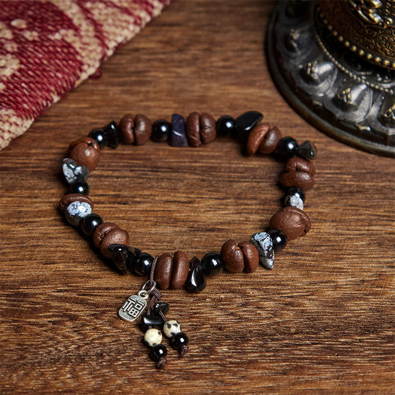 Pulsera protectora con Buddha Stones, granos de café naturales y ojo de tigre. - Grano de café (circunferencia de la muñeca: 15-18 cm) - image 1