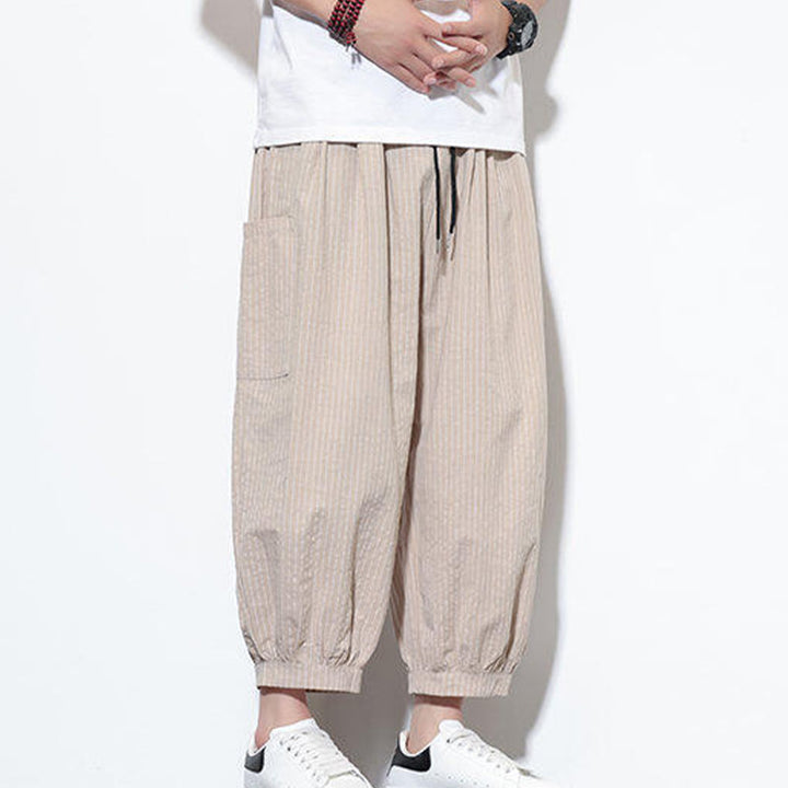 Pantalones harén de algodón a rayas para hombre, estilo casual, de Buddha Stones, con bolsillos, de largo 7-8 - image 6