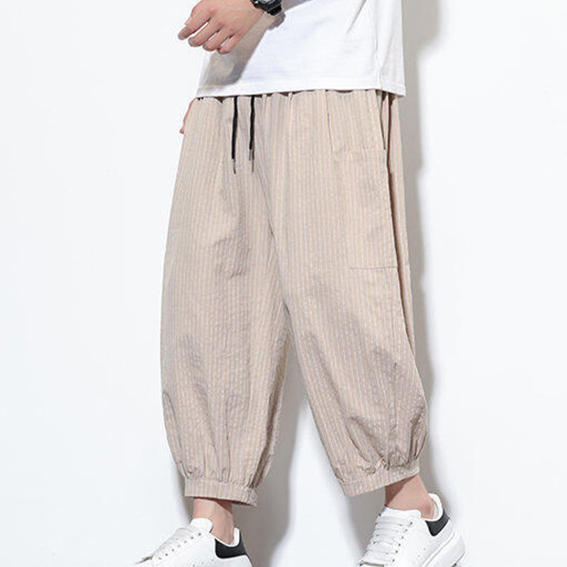 Pantalones harén de algodón a rayas para hombre, estilo casual, de Buddha Stones, con bolsillos, de largo 7-8 - image 6