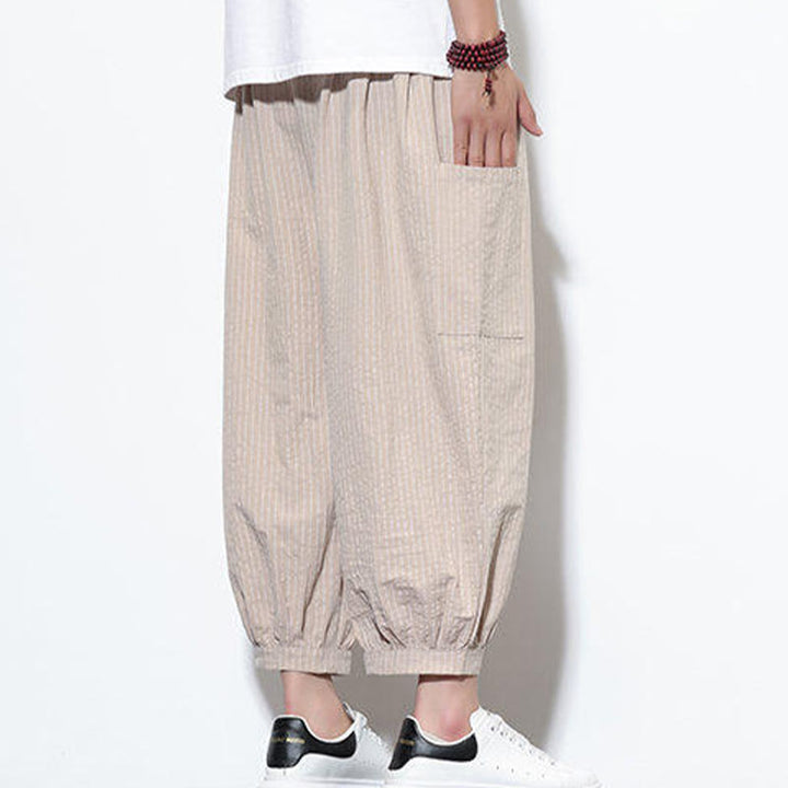 Pantalones harén de algodón a rayas para hombre, estilo casual, de Buddha Stones, con bolsillos, de largo 7-8 - image 1