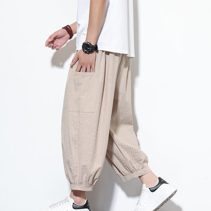 Pantalones harén de algodón a rayas para hombre, estilo casual, de Buddha Stones, con bolsillos, de largo 7-8 - Sopa de mariscos - US/UK/AU46, EU56 (5XL) - image 1